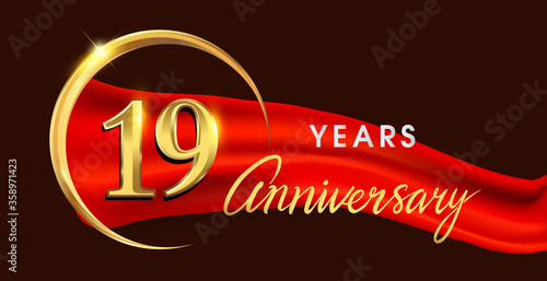 19th anniversary logotype with golden ring isolated on red ribbon elegant background, vector design for birthday celebration, greeting card and invitation card.