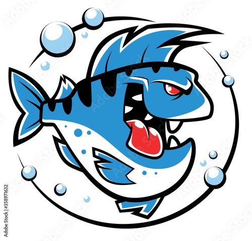 A funny cartoon crazy fish. Cheerful vector character. Humorous fishing icon. Isolated vector illustration on white background. Color symbol, logo. Fish Mascot Vector Illustration. 
