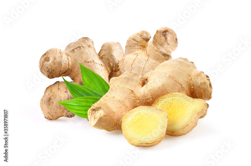 Ginger with leaves Isolated on a white  background