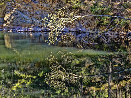 Trees and rocks are reflected in the calm water surface