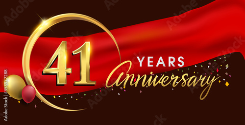 41st anniversary logotype with golden ring isolated on red ribbon elegant background, vector design for birthday celebration, greeting card and invitation card.
