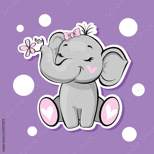 Photography Cute elephant with a pink flower on a purple background