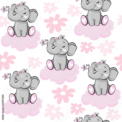 Cute elephant with a pink flower on a white background seamless pattern. Vector illustration for children