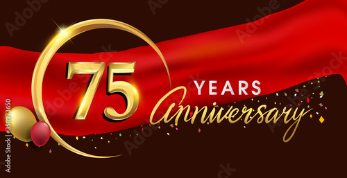 75th anniversary logotype with golden ring isolated on red ribbon elegant background, vector design for birthday celebration, greeting card and invitation card. photo