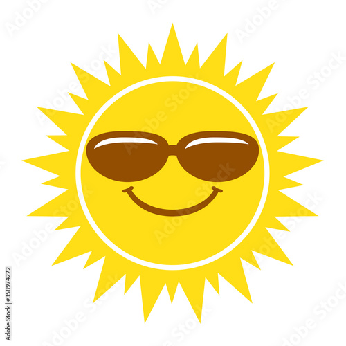 Sun smile with sunglasses sign, icon, tag. Vector illustration