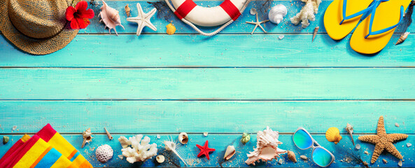 Beach Accessories On Green Blue Plank - Vacation Banner
