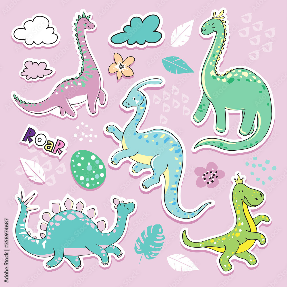 Obraz premium Cute little dinosaur collection patch badges on a pink background
