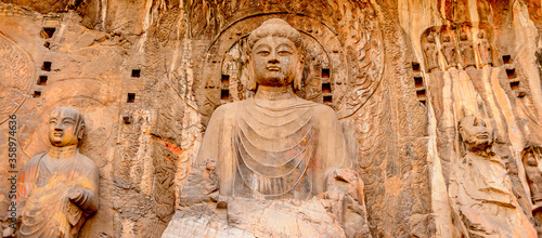 It's Biggest Buddha statue at the Longmen Grottoes ( Dragon's Gate Grottoes) or Longmen Caves.UNESCO World Heritage of tens of thousands of statues of Buddha and his disciples
