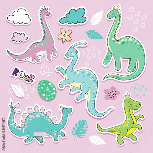 Cute little dinosaur collection patch badges on a pink background