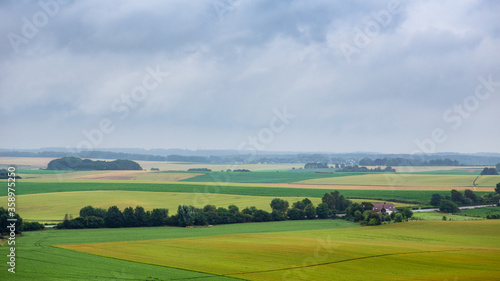 Rural landscape with green field in a cloudy day