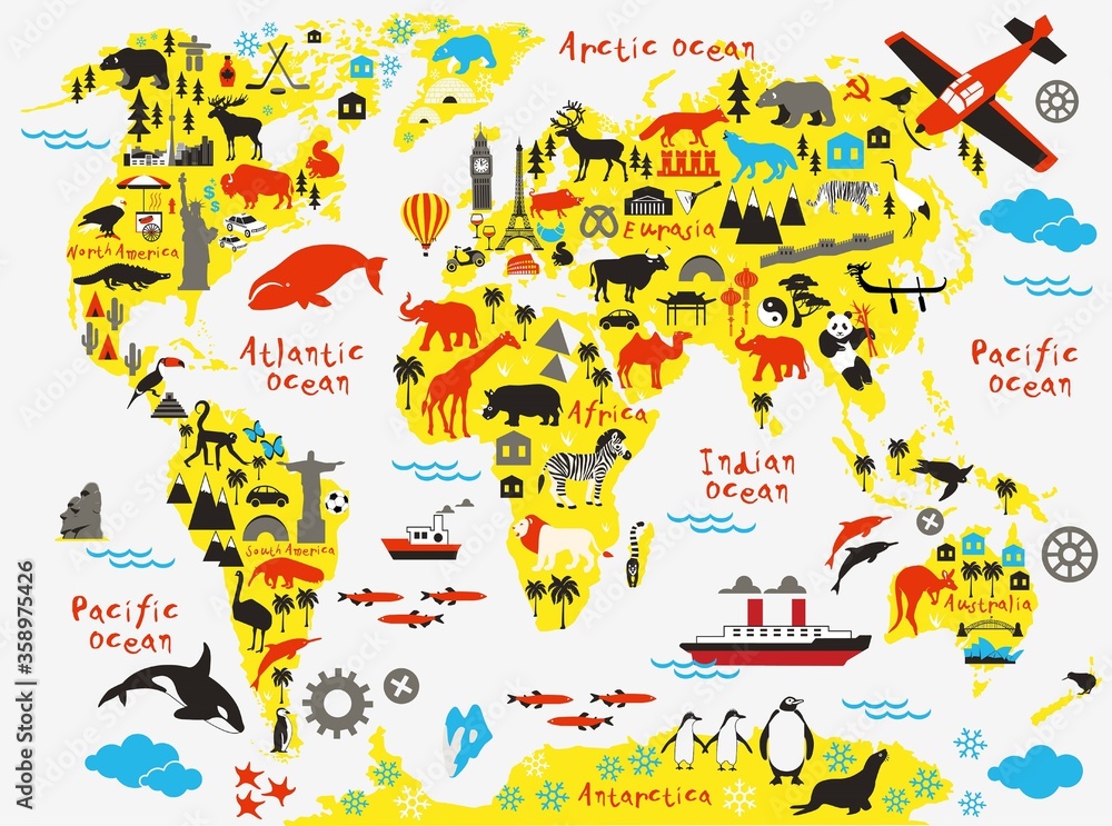 Animal map of the world for children and kids Animal map of the world for children and kids