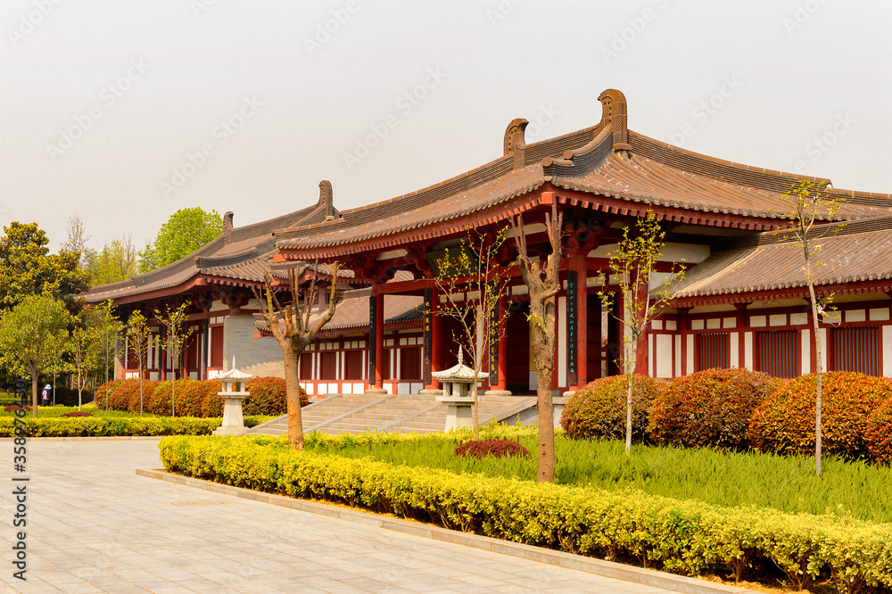 It's One of the pavilions of the Giant Wild Goose Pagoda complex, a Buddhist pagoda Xi'an, Shaanxi province, China. It was built in 652 during the Tang dynasty. UNESCO world heritage