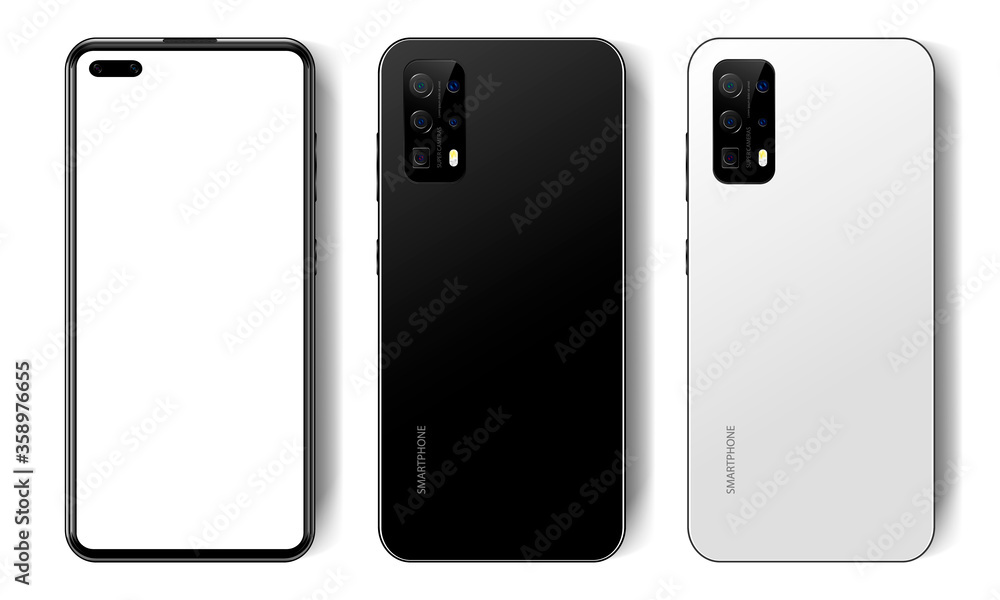 Realistic black and white modern smartphone, empty screen, mockup phone, front and back view on isolated background, vector illustration Realistic black and white modern smartphone, empty screen, mockup phone, front and back view on isolated background, vector illustration