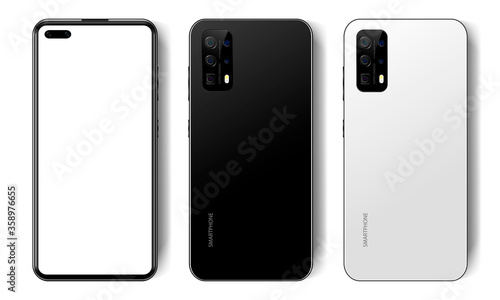 Realistic black and white modern smartphone, empty screen, mockup phone, front and back view on isolated background, vector illustration
