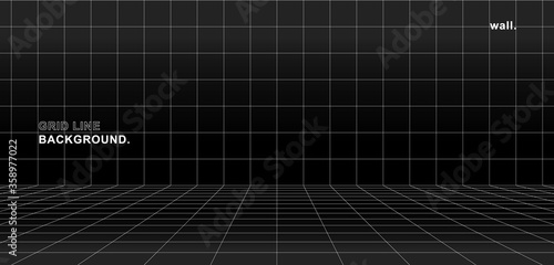 Empty futuristic digital box room grey-black background with white grid space line color surface. Network cyber technology. banner, cover, terrain, sci-fi, wireframe, and related to background.