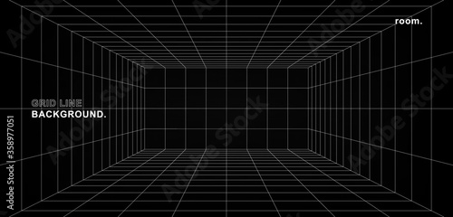 Empty futuristic digital wall box grey-black background with white grid space line color surface. Network cyber technology. banner, cover, terrain, sci-fi, wireframe, and related to background.