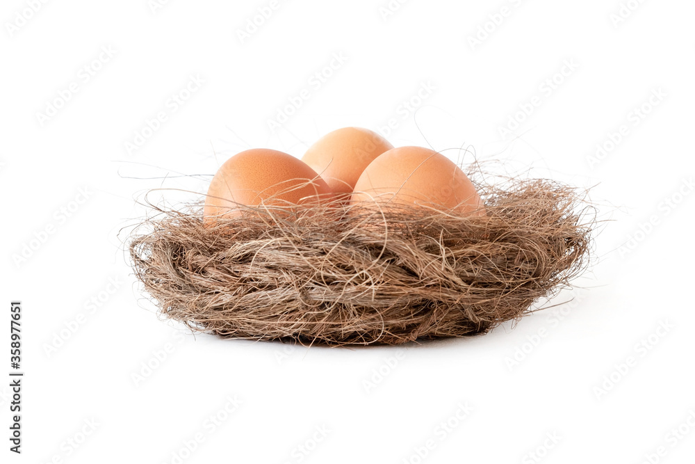 Three beige eggs in a nest on an isolated white background. Three beige eggs in a nest on an isolated white background.