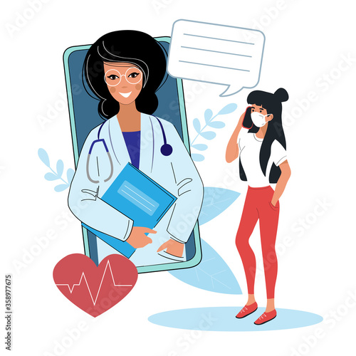 A girl in a protective medical mask calls a doctor on a smartphone. Online doctor. Vector flat style illustration