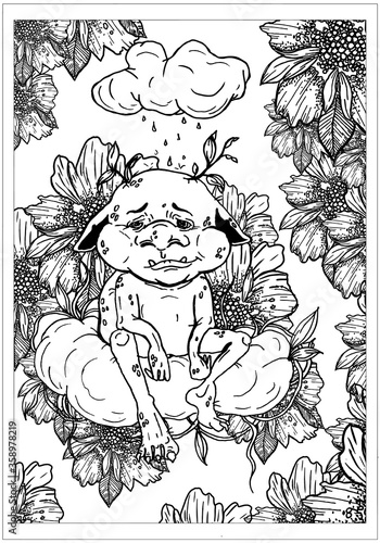 Fairytale character, tired Troll with sad look, with protruding teeth and drooping ears, with round nose and sprouting leaves from his head, sits on big cloud under rain surrounded by large flowers.
