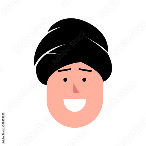 Vector illustration of young smiling man in a turban. Portrait of handsome cheerful boy. Avatar  profile  ID picture of a young person. Human head illustration wearing traditional hat