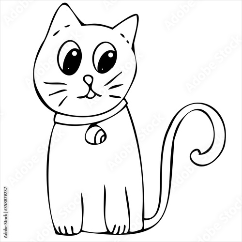 cute cat with eye on a collar, vector doodle element for halloween celebration in doodle style, black outline