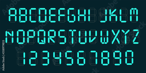 Digital font. Alarm clock letters and numbers vector alphabet. Calculator digital text.