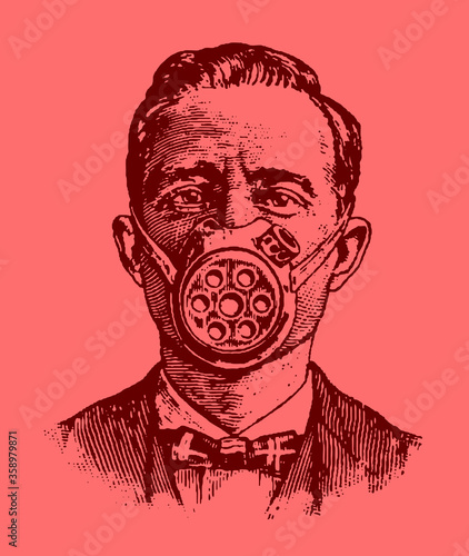 Portrait of man from 19th century wearing antique face mask or respirator, isolated on light red or coral pinkish background
