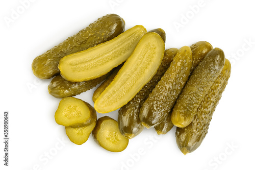 Marinated pickled cucumber isolated on white background with clipping path and full depth of field. Top view. Flat lay