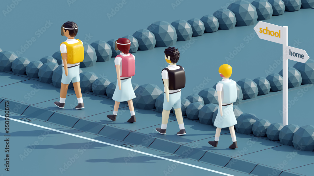 Obraz premium 3D rendering of four kids, wearing face shield and mask, going back to school together