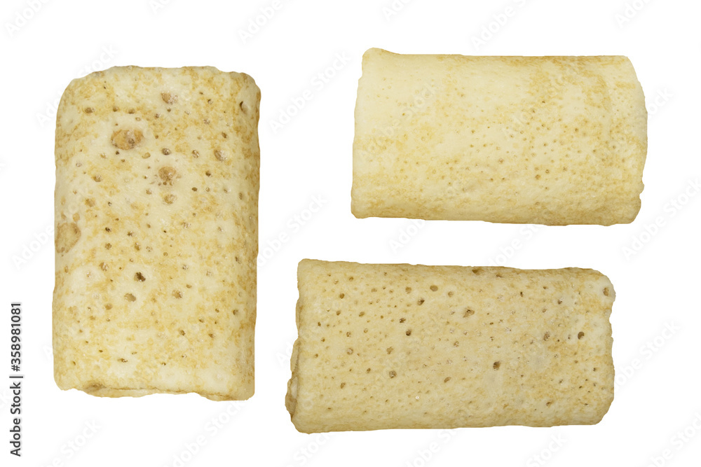 Stuffed pancakes, crepes with filling, isolated on white background.