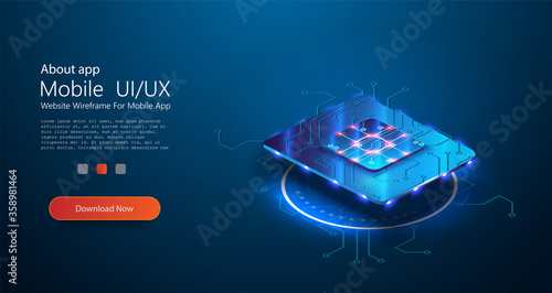 Concept for mobile sim card technology and network. SIM card chip sign. Embedded SIM concept. Futuristic microchip processor with lights on the blue background. Quantum computer. CPU isometric banner