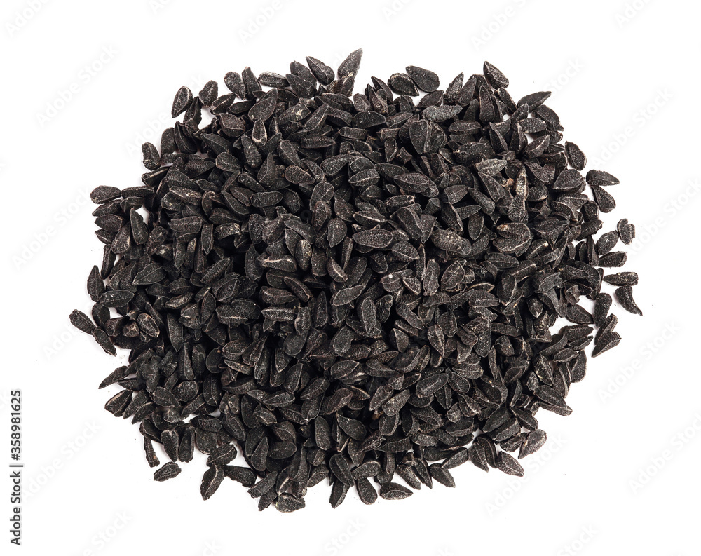 Nigella sativa or Black cumin isolated on white background. Top view. Flat lay. Nigella sativa or Black cumin isolated on white background. Top view. Flat lay.
