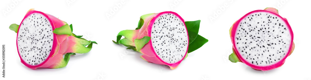 Ripe Dragon fruit, Pitaya or Pitahaya isolated on white background, fruit healthy concept. Set or collection Ripe Dragon fruit, Pitaya or Pitahaya isolated on white background, fruit healthy concept. Set or collection