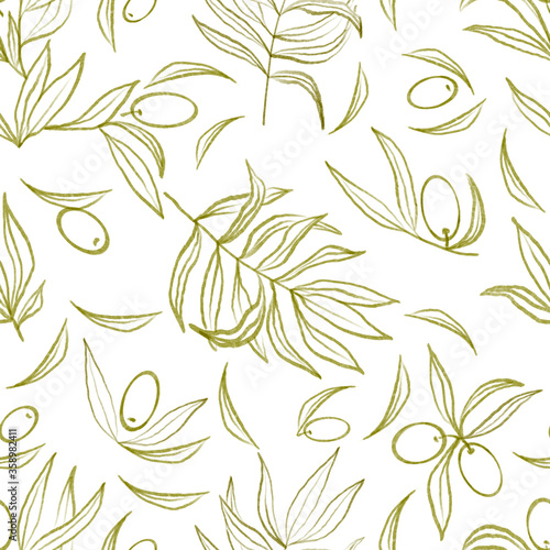 Seamless pattern. Graphic drawing. Olives and leaves on a white background.