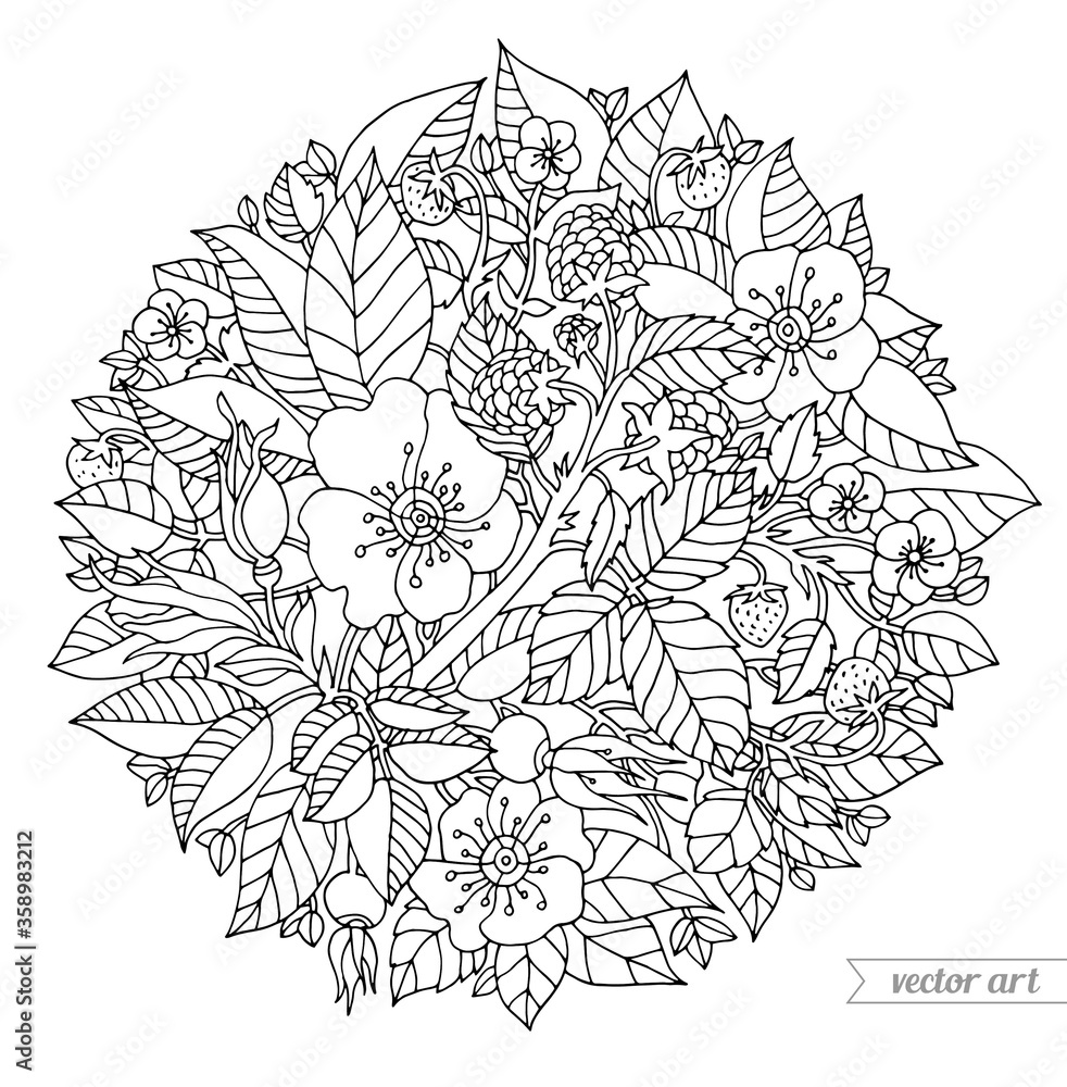 Forest flowers, wild rose branch, strawberry, blackberry, raspberry. Round pattern isolated. Vector vintage, retro artwork. Coloring book page for adult. Black and white. Bohemian concept
