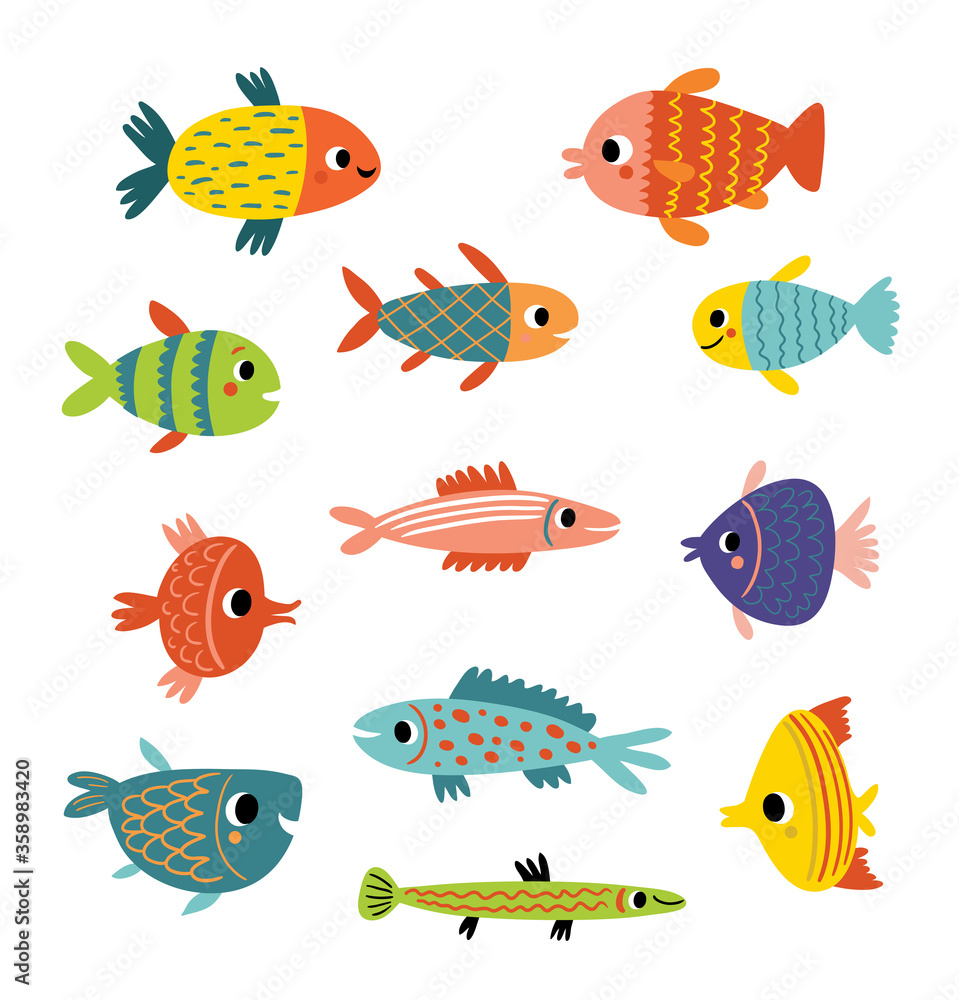 Cute fish. Different kinds of fish, vector set