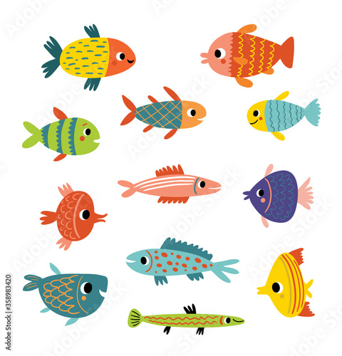 Cute fish. Different kinds of fish, vector set
