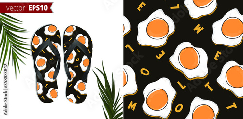 Seamless beautiful omelette pattern on black background with yellow letters. Bright and tasty fried egg for textile design. Food ornament on flip flop mock up
