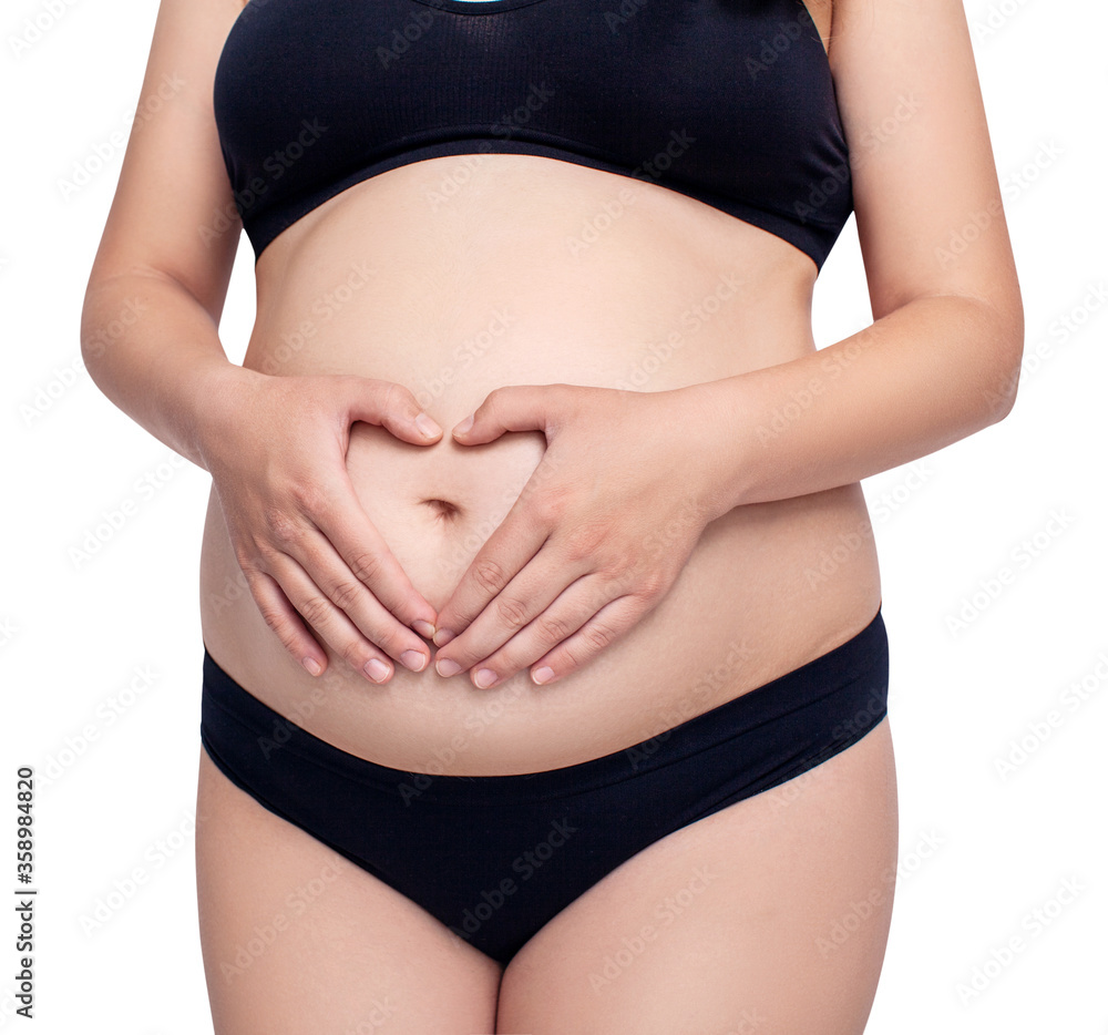 custom made wallpaper toronto digitalPregnant woman holds hands in heart shape on her belly in black lingerie.