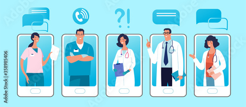 Set of phones with male and female characters of doctors on the screen. Concept of online clinic, call and video consultation with medical specialists. Flat vector illustration
