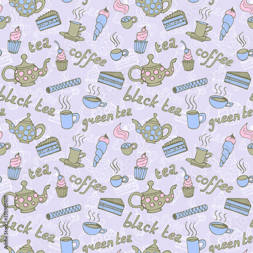tea party seamless vintage color pattern doodle vector illustration