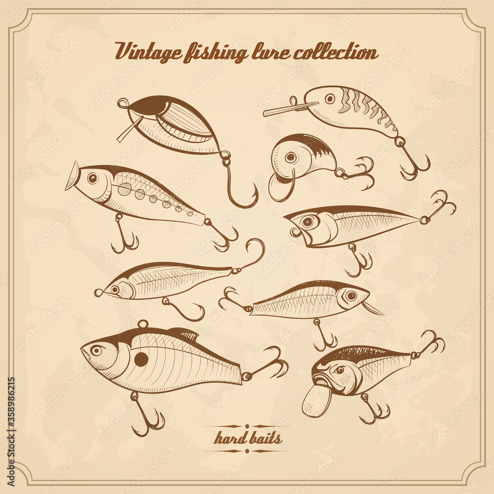 fishing lures collection of design elements sketch style vintage vector illustration. hard baits, wobblers for your design project fishing lures collection of design elements sketch style vintage vector illustration. hard baits, wobblers for your design project