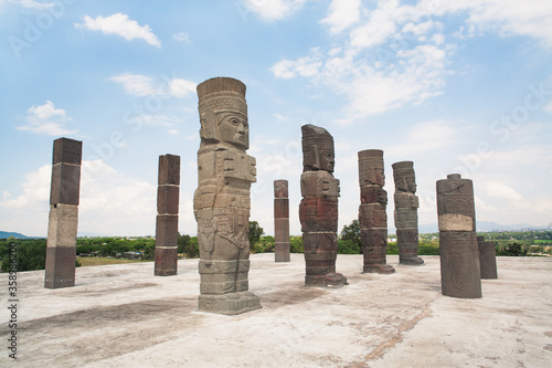 Tula warrior atlantes are more than 5m /16ft tall. They once served as pillars to support the roof of the Temple of The Morning Star that stood on top of a pyramid, Tula, Mexico