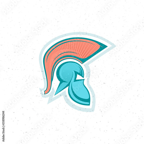 old Spartan, Greek or Roman warrior helmet logo for head protection soldiers with a crest of feathers or horsehair with slits for the eyes , engraving style grunge vector illustration icon