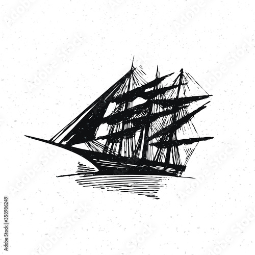 old-school tattoo style ship black and white vector illustration