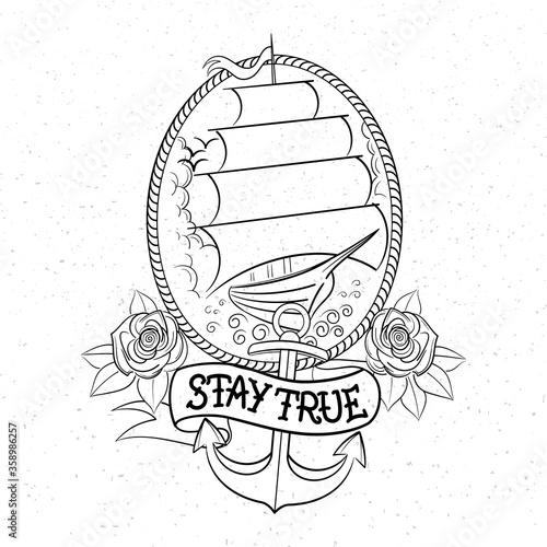 old-school tattoo style ship outline vector illustration