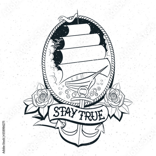old-school tattoo style ship outline vector illustration