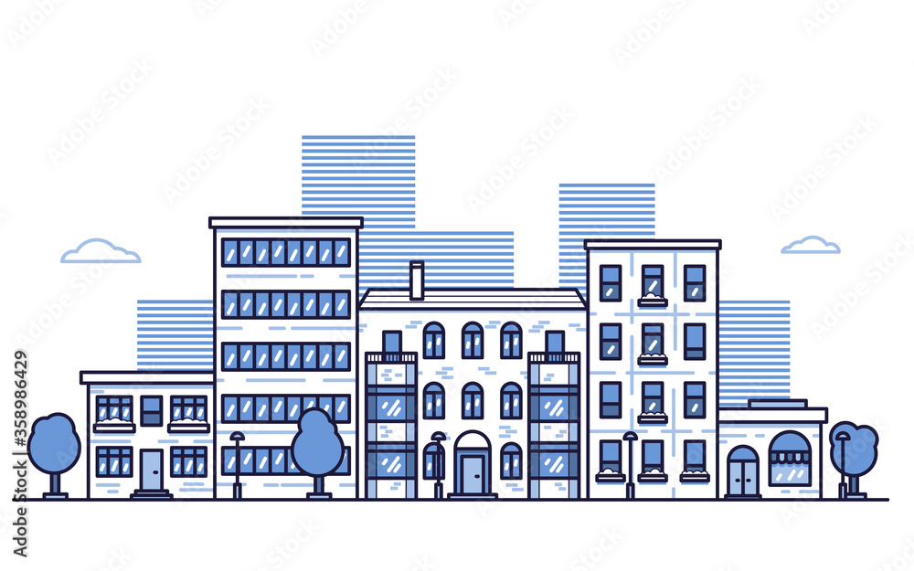 Urban City landscape with horizontal city street panorama. Cityscape of neighborhood with residential houses, shops, trees and street lamps. Flat style bright color vector illustration.