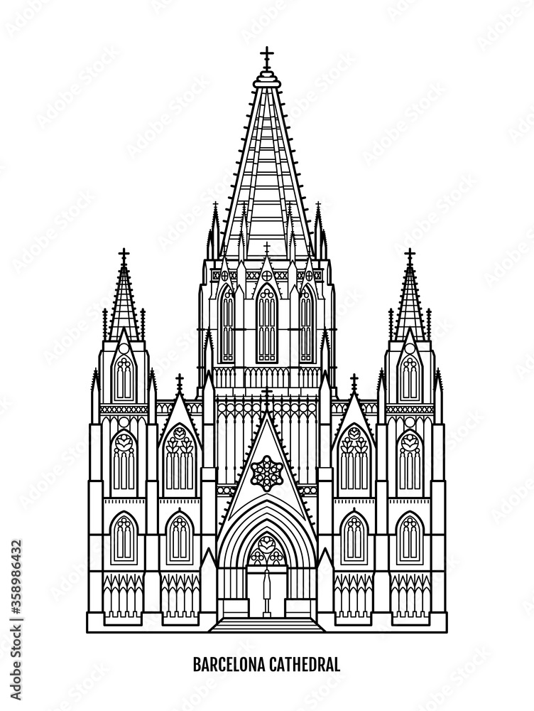 Barcelona famous travel landmark - Cathedral of the Holy Cross and Saint Eulalia also known as Barcelona Cathedral. Catholic cathedral in Gothic architecture style. Vector line art illustration.