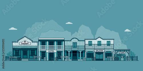 Wild west town landscape. Old western themed background for your projects. Monochrome vector illustration.